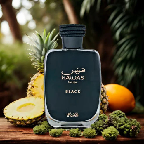 Hawas Black Rasasi 100ML – Perfume Masculino Amaderado con Piña, Pachulí y Ámbar