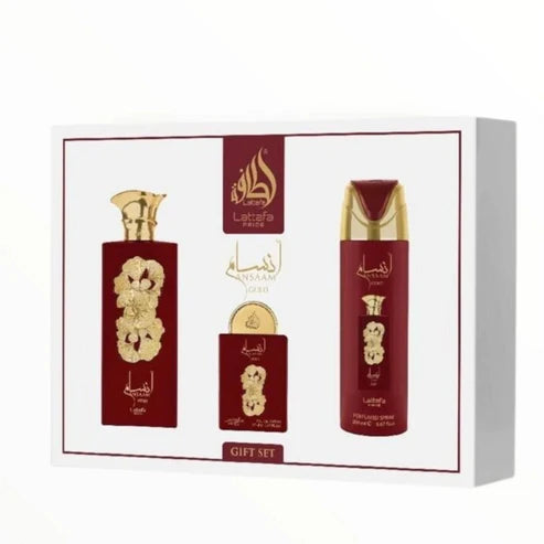 Pack Ansaam Gold – Lattafa 100ML + Miniatura 20ML + Deodorant 200ML + Travel Spray | Perfume Unisex Dulce, Floral y Atractivo