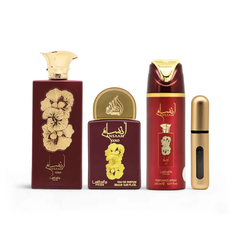 Pack Ansaam Gold – Lattafa 100ML + Miniatura 20ML + Deodorant 200ML + Travel Spray | Perfume Unisex Dulce, Floral y Atractivo