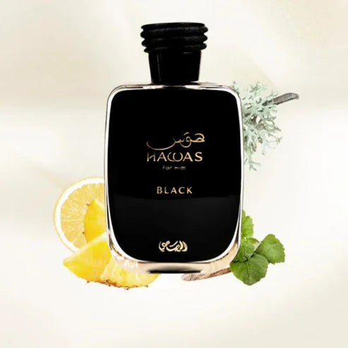 Hawas Black Rasasi 100ML – Perfume Masculino Amaderado con Piña, Pachulí y Ámbar