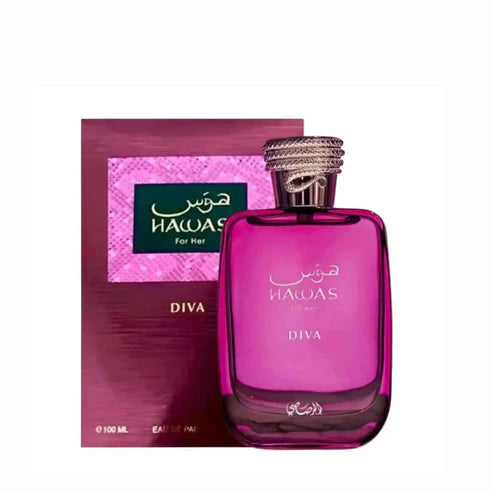 Hawas Diva Rasasi 100ML – Perfume Femenino Oriental Floral con Frutas Rojas, Rosa e Incienso
