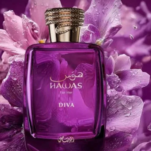 Hawas Diva Rasasi 100ML – Perfume Femenino Oriental Floral con Frutas Rojas, Rosa e Incienso