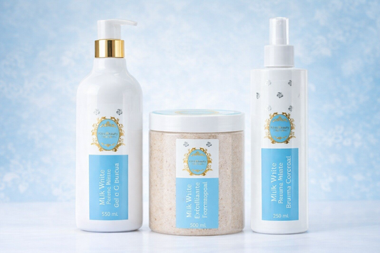 PKPACK CORPORAL MILK WHITE – RITUAL COMPLETO DE CUIDADO Gel de Ducha 550 ml Exfoliante 500 ml Bruma 250 ml Textura Cremosa Aroma Limpio Ideal para Uso Diario