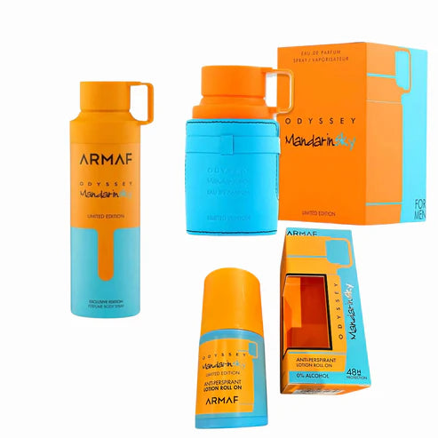 Pack Armaf Odyssey Mandarin Sky – Perfume 100ML + Body Spray + Desodorante Roll-On | Fragancia Unisex Cítrica y Especiada