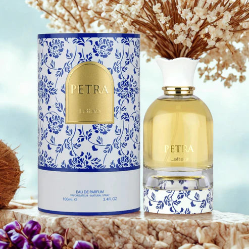 Petra de Lattafa 100ML – Perfume de Mujer Oriental Floral con Coco, Praliné y Ron (Inspirado en el Mediterráneo)